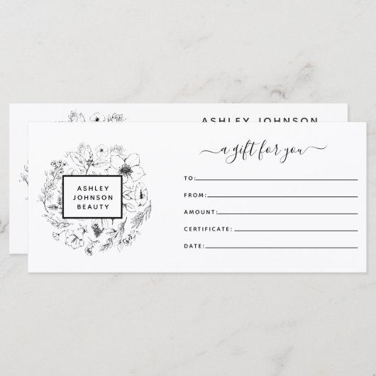 Carte Code QR noir et blanc Certificat cadeau botanique (Devant / Derrière)