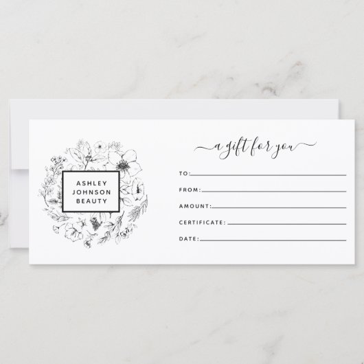 Carte Code QR noir et blanc Certificat cadeau botanique (Devant)