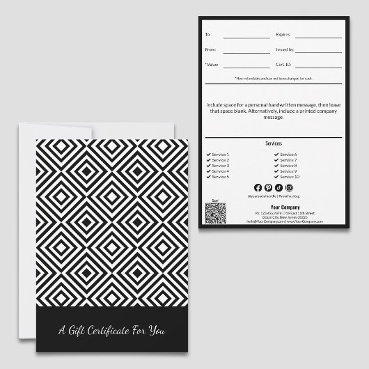 Carte Code QR Service Note Blanc Noir Certificat Cadeau