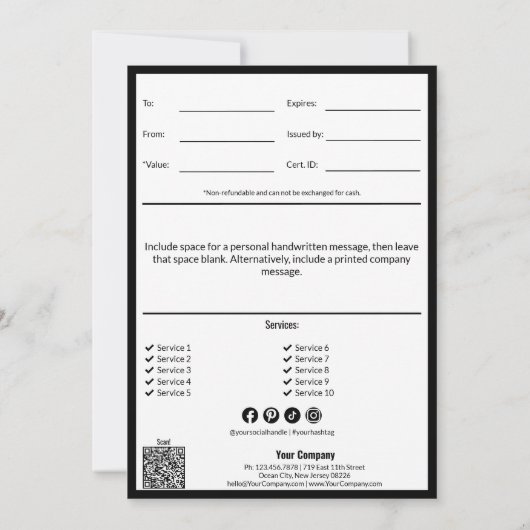Carte Code QR Service Note Blanc Noir Certificat Cadeau (Dos)
