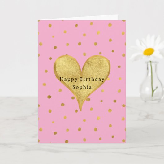 Carte Cœur Anniversaire Points Or Rose (Petite plante)