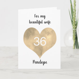 Carte Cœur Aquarelle Or 36e Anniversaire