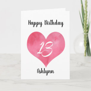 Carte Cœur aquarelle personnalisé 13ème anniversaire