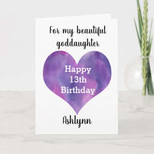 Carte Cœur aquarelle violet 13ème anniversaire filleule