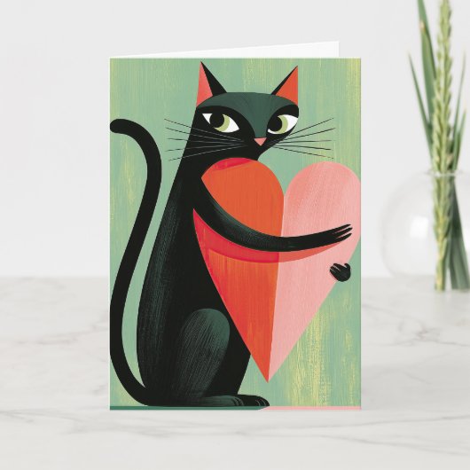 Carte Cœur de chat noir rétro vert Saint-Valentin (Devant)