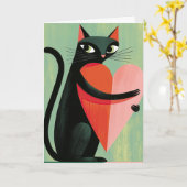 Carte Cœur de chat noir rétro vert Saint-Valentin (Fleur jaune)