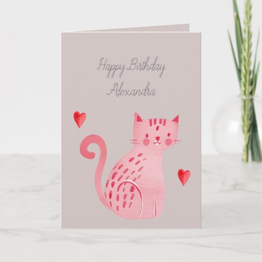 Carte Cœur de chat rose gris Anniversaire (Devant)