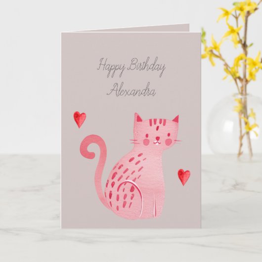 Carte Cœur de chat rose gris Anniversaire (Fleur jaune)
