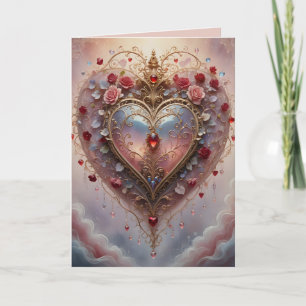 Carte Cœur doré victorien, roses et fleurs, vintage