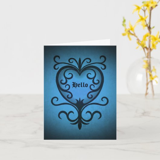 Carte Cœur élégant gothique victorien en bleu Bonjour (Fleur jaune)