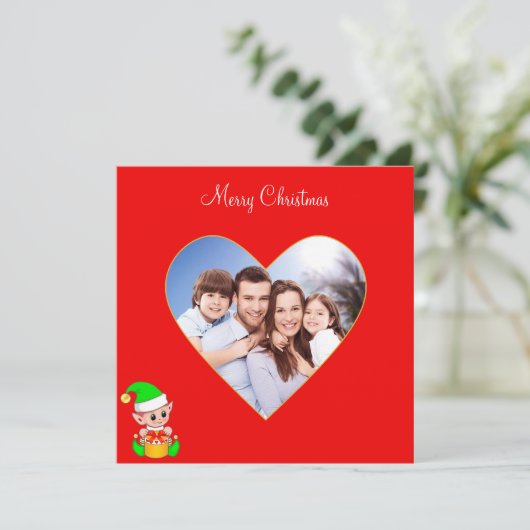 Carte Coeur familial personnalisé et joli Noël d'elfe (Debout devant)