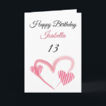 Carte Coeur peint rose pâle 13e anniversaire<br><div class="desc">Cute rose rayé Coeur peint 13e anniversaire, un design d'anniversaire mignon fait pour toute petite-fille. Si vous cherchez de jolies cartes d'anniversaire de petite-fille, des cartes d'anniversaire d'adolescent ou des cartes d'anniversaire de treizième, celle-ci est pour vous. Le design comporte quelques coeurs d'aquarelle mignonnes, quelque chose d'attrayant et beau, alors...</div>
