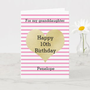 Carte Coeur rose et or rayé 10e anniversaire