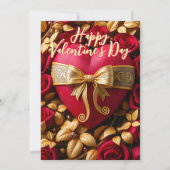 Carte Coeur rouge avec Ruban d'or et Saint-Valentin Rose (Devant)