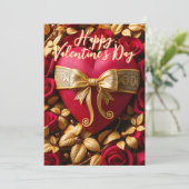 Carte Coeur rouge avec Ruban d'or et Saint-Valentin Rose (Debout devant)