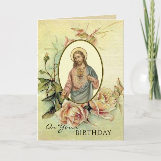 Carte Cœur sacré de Jésus Fleurs de roses pour l'anniver (Devant)