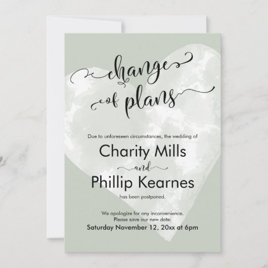 Carte Coeur Sage Vert Reporté Mariage Changement de plan (Devant)