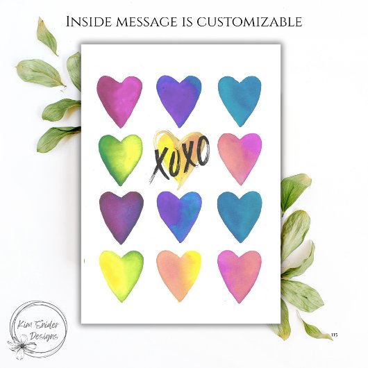 Carte Cœurs aquarelles colorés XOXO Saint-Valentin