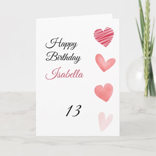 Carte Coeurs d'aquarelle rose et rouge 13e anniversaire (Devant)