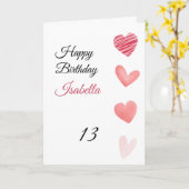 Carte Coeurs d'aquarelle rose et rouge 13e anniversaire (Fleur jaune)