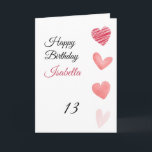 Carte Coeurs d'aquarelle rose et rouge 13e anniversaire<br><div class="desc">Aquarelle rose et rouge Coeurs 13e anniversaire, un design d'anniversaire mignon fait pour toute petite-fille. Si vous cherchez de jolies cartes d'anniversaire de petite-fille, des cartes d'anniversaire d'adolescent ou des cartes d'anniversaire de treizième, celle-ci est pour vous. Le design comporte quelques coeurs d'aquarelle mignonnes, quelque chose d'attrayant et beau, alors...</div>