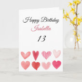 Carte Coeurs d'aquarelle rose pâle 13e anniversaire (Fleur jaune)
