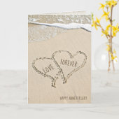 Carte cœurs de plage d'anniversaire dans le sable avec l (Fleur jaune)