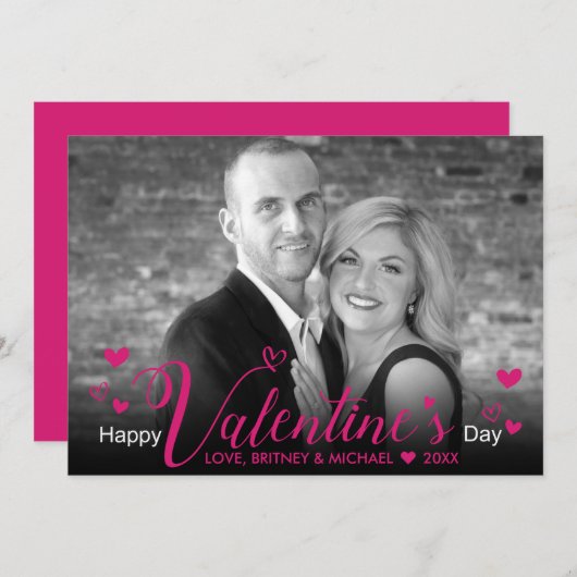 Carte Coeurs de script rose chic Photo noir blanc modern (Devant / Derrière)