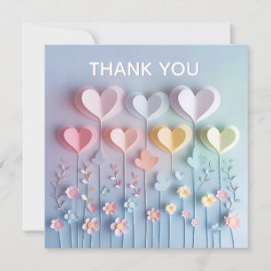 Carte Coeurs et fleurs en papier mignonne Merci