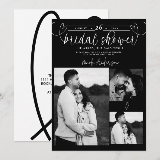 Carte Cœurs Modernes Noir & Blanc Minimal Mariage Cérémo (Devant / Derrière)
