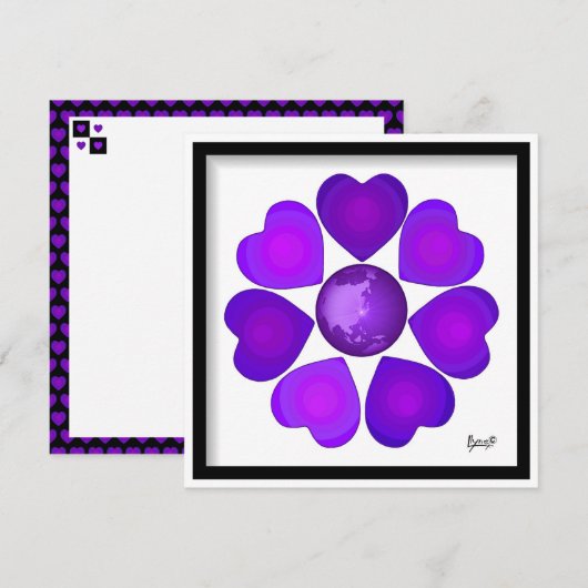 Carte Cœurs violets battants en N&B (Devant / Derrière)