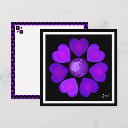 Carte Cœurs violets battants en N&B (Devant / Derrière)