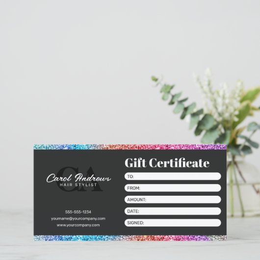 Carte Coiffeur Moderne Paillettes Arc-en-Ciel (Debout devant)