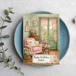 Carte Coin de lecture shabby chic dans un jardin