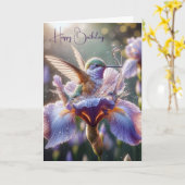 Carte Colibri éclaboussant dans un iris violet (Fleur jaune)