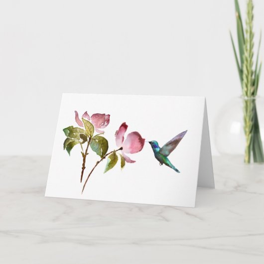 Carte Colibri élégant et fleurs d'aquarelle (Devant)