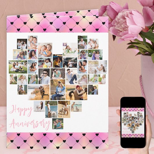 Carte Collage de photos de coeur Pink Love Hearts Annive
