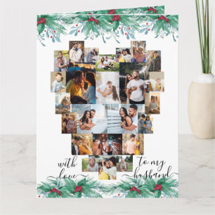 Carte Collage de photos de cœur pour mari avec houx et g