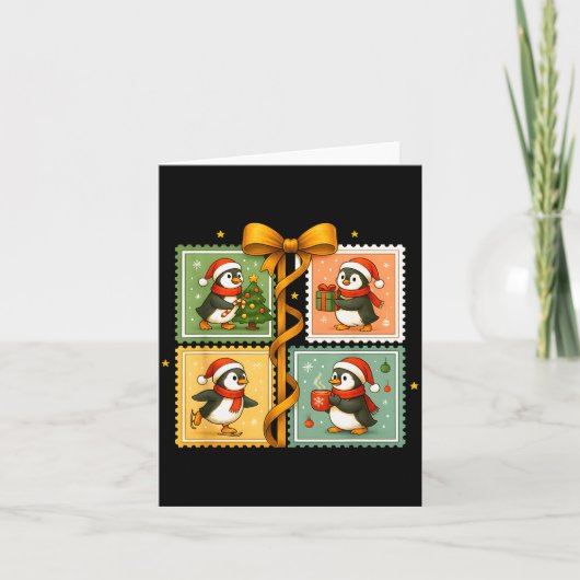 Carte Collage de timbres de pingouin de Noël (Devant)
