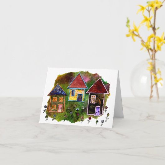 Carte Collage de trois maisons avec fleurs (Fleur jaune)