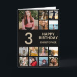 Carte Collage photo 3e anniversaire 13 Photos Black & Go<br><div class="desc">3e Joyeux Anniversaire Photo Collage 13 Photos Carte d'Anniversaire Noir et Or pour n'importe quel âge. 1er 13ème 15ème 16ème 18ème 20ème 21ème 30ème 40ème 50ème 60ème 70ème 80ème 90ème 100ème, tout âge. Pour plus de personnalisation, cliquez sur le bouton "Customiser" et utilisez notre outil de conception pour modifier ce...</div>