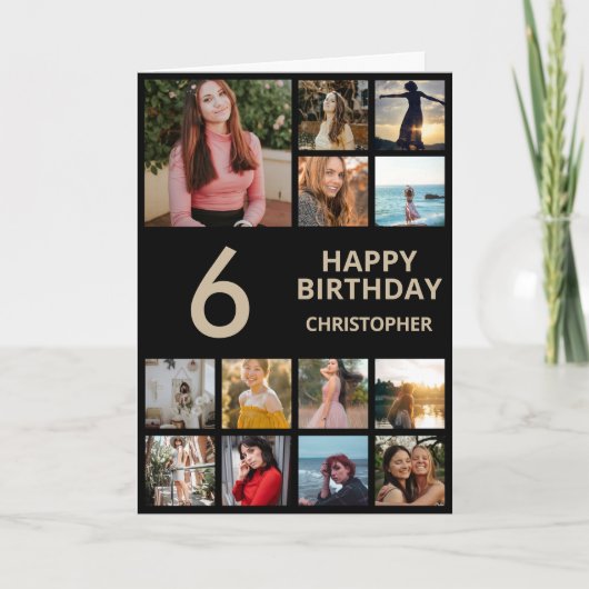 Carte Collage photo de 6e anniversaire 13 Photos Black & (Devant)