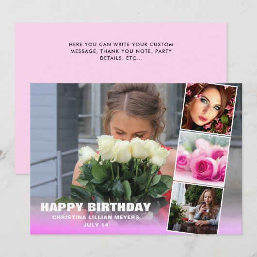 Carte Collage photo Sweet sixteen rose (Devant / Derrière)