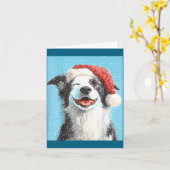 Carte Collie de Border de Noël Bleu Clair (Fleur jaune)