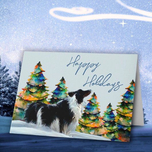Carte Collie frontalier en hiver Arbre de Noël de neige