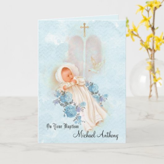 Carte Colombe baptismale de croix de baptême de bébé (Fleur jaune)