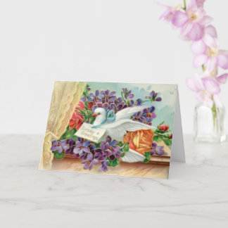 Carte Colombe blanche sur appui de fenêtre Fleurs violet