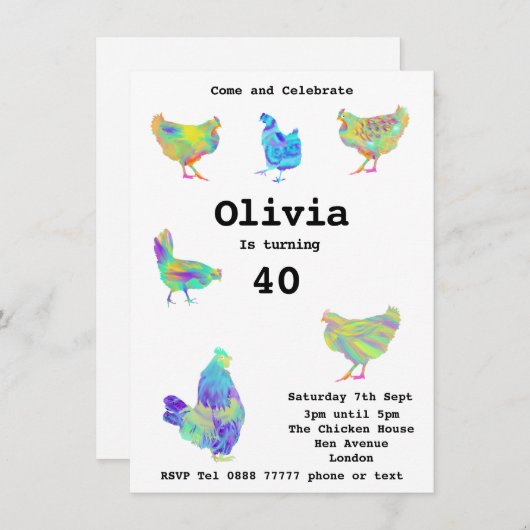 Carte Coloré Psychédélique mignon poulet Cockerel Hen (Devant / Derrière)