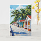Carte Coloré Tropical Vibrant Beach Huts Anniversaire (Fleur jaune)