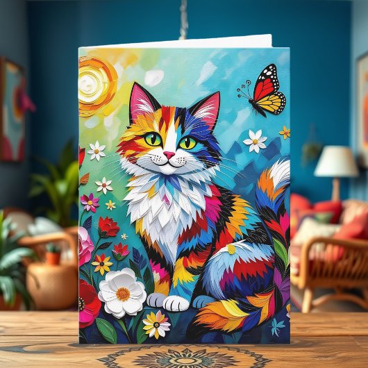 Carte Colorful Cat, Flowers & Butterfly Birthday
